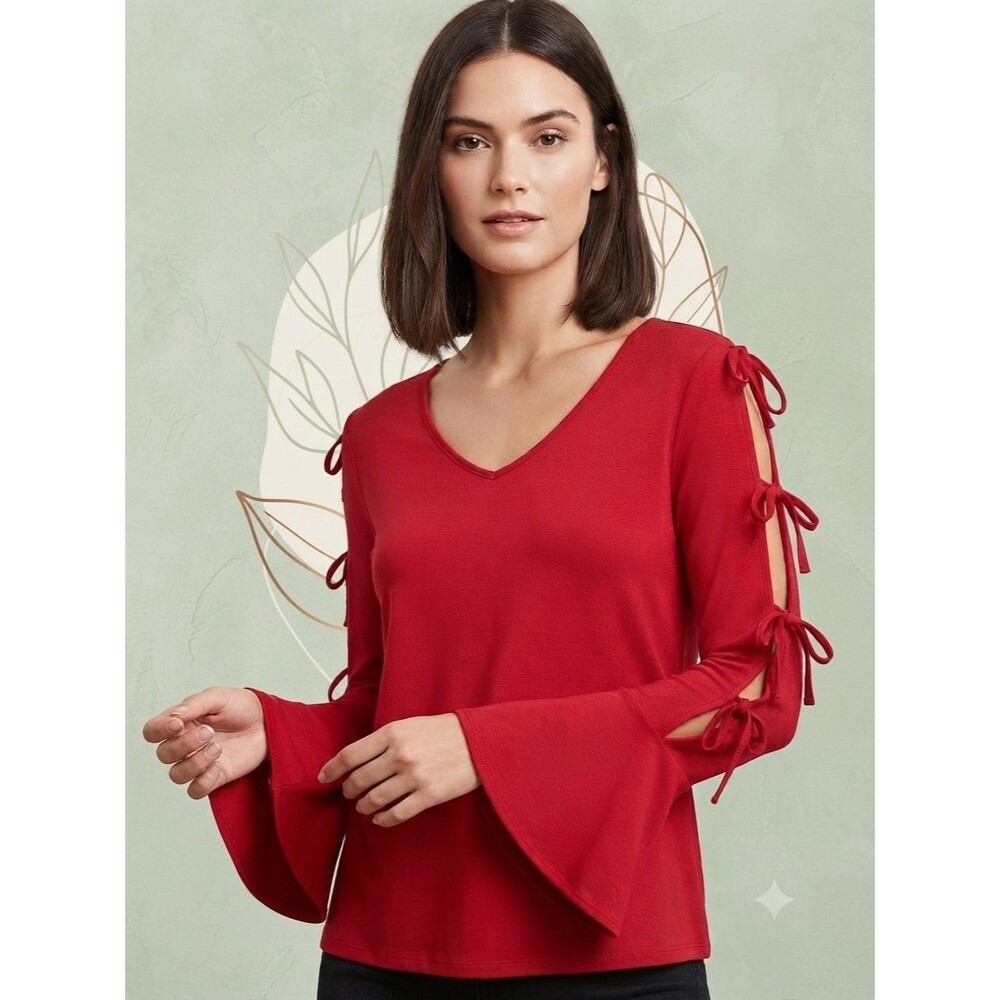 Cupio Red V-Neck Blouse With Tie Sleeves With Bell Cuff